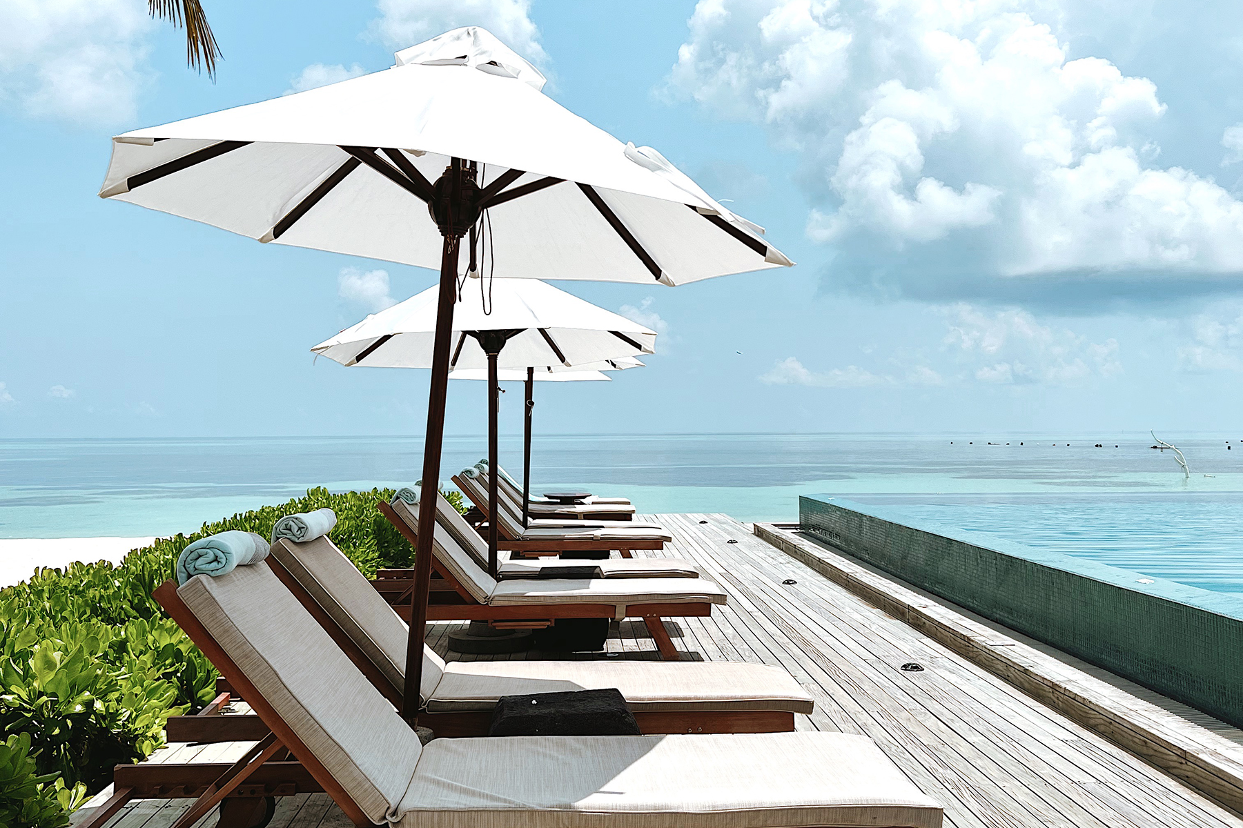 Sunbeds and umbrellas by the pool in the Maldives